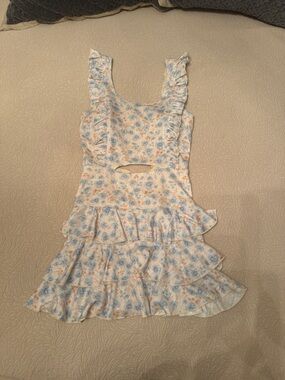 NWT Ruffled Floral Cutout Dress Romper in Blue and Peach